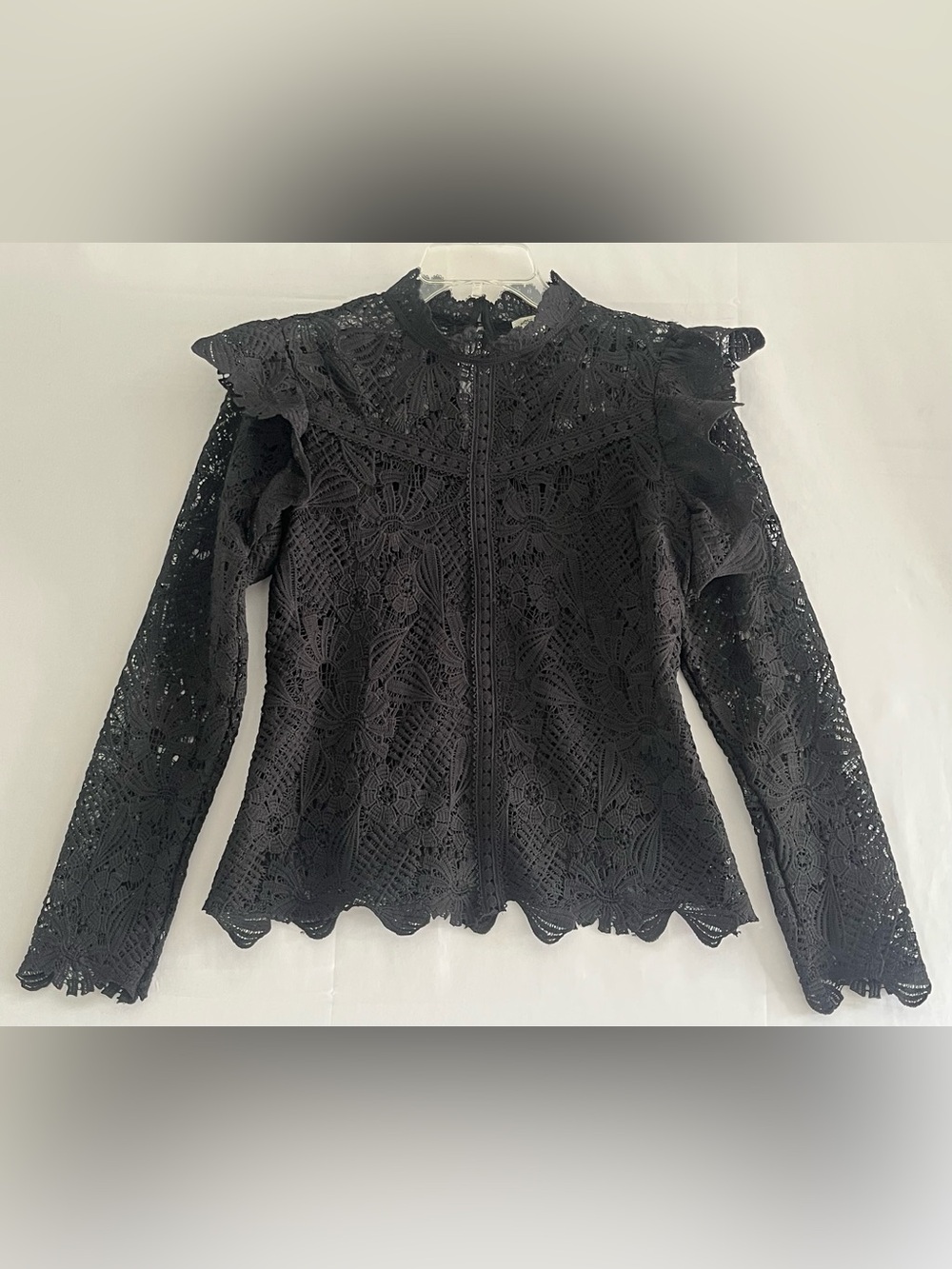 Ultra Pink Black Crochet Lace Ruffle Mock Neck Whimsigoth Blouse S
